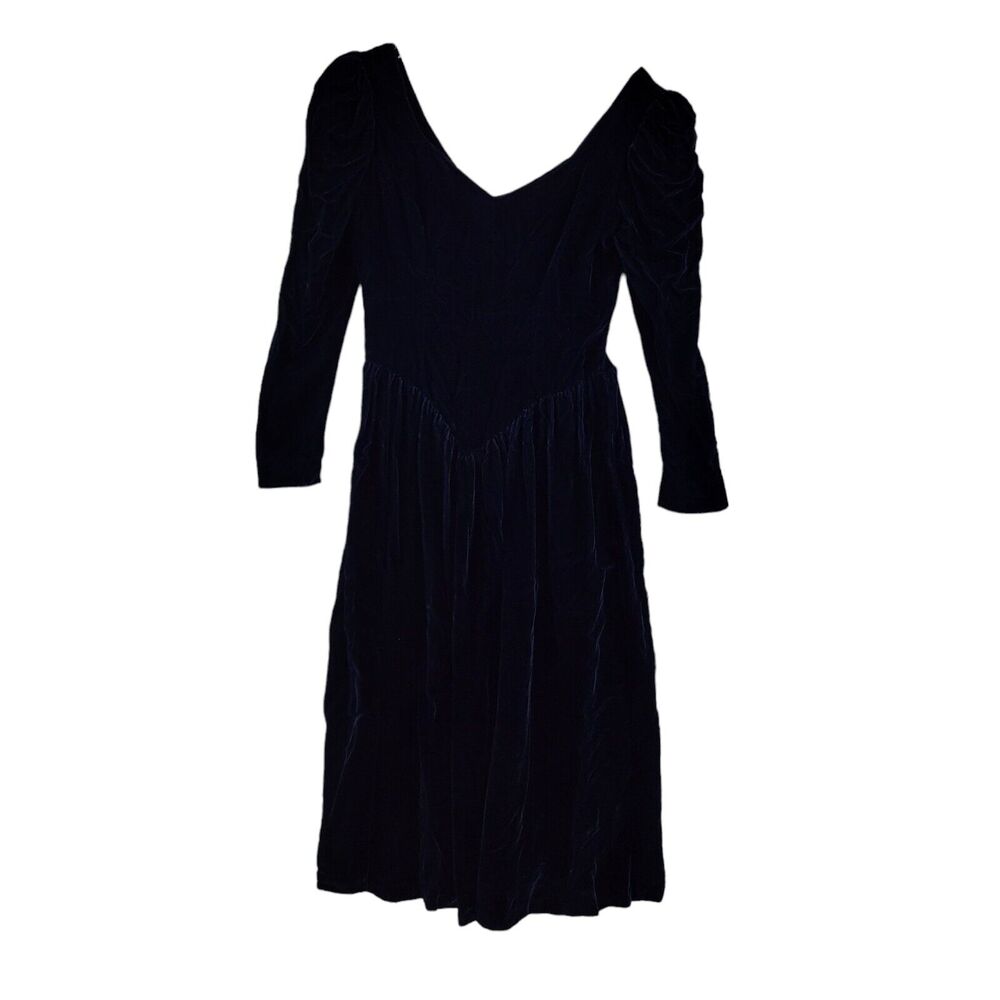 Vintage‎ Dress Union Made ULGWU Size 10 Blue Velvet Midi Puff Sleeves V-Neck